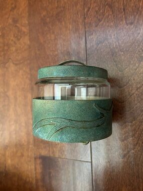 Fairycore Green Metal Wrapped Glass Lidded Jar, Adorned in Branches